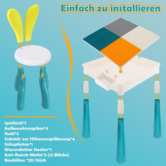 Дитячий стіл з 2 стільцями, ігровий стіл для дітей з 251 будівельним блоком, багатофункціональний ігровий стіл для дітей віком від 2 років з місцем для зберігання, креативний ігровий стіл з будівельних блоків, набір будівельних блоків 5551 см