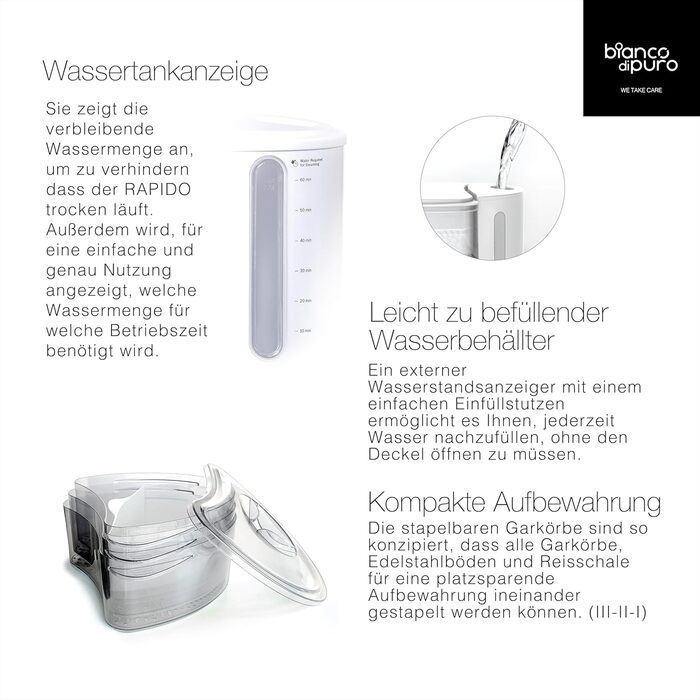 Пароварка bianco di puro Rapido - на 50 швидше, ніж інші системи, завдяки технології приготування на парі STRIX з основами з нержа