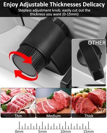 Електричний нарізувач їжі потужністю 200 Вт з нержавіючої сталі - регульований кухонний комбайн від 0 до 15 мм - 2 леза - Слайсер для ковбаси - Нарізка для хліба, Шинка, електричний ніж М'ясо та сир 2 леза срібло 200 Вт Потужність