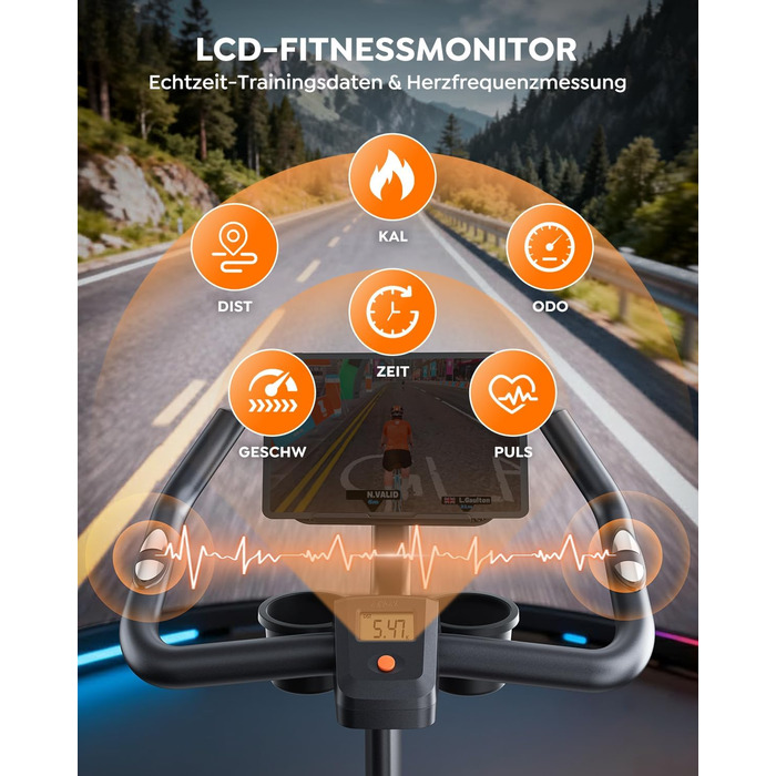 Велотренажер із застосунком, ультратихий, ергономічний дизайн, РК-дисплей з вимірюванням пульсу, магнітний опір, маховик 15 кг, до 160 кг, помаранчевий