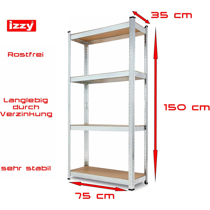 Полиця, міцна металева полиця для підвалу, надміцна полиця, полиця для зберігання, що вставляється в розетку, легко збирається, оцинкована, 4 полиці розміром 150 x 75 x 30 см, вантажопідйомність 280 кг 1 полиця - 150 x 75 x 30 см, 1