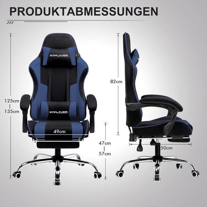Ергономічне ігрове крісло GTPLAYER, ігрове крісло, офісне крісло, з регульованою спинкою на 135, регульованою висотою, висувною підставкою для ніг, синя тканина