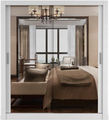 Шафа з дзеркалом - Шафа з розсувними дверима - Шафа для спальні - 64 x 180 x 215 см - Шафа для вітальні - Вішалка для одягу, Шафа з двома дверима, Сучасна 180 см Біла