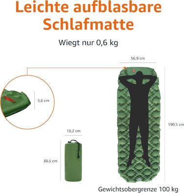 Килимок для сну Storeo Basics, легкий, водонепроникний, з ножним насосом, товщиною 5,6 см, оливково-зелений, M