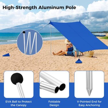 Пляжний сонцезахисний намет HOMASIS, сонцезахисний намет UPF 50, пляжний намет з лайкри з кріпленнями для піску та 4 мішками з піском, сонячне вітрило з 2 опорними стійками та сумкою для перенесення, сонцезахисний навіс для пляжу та саду (синій, 230 x 200