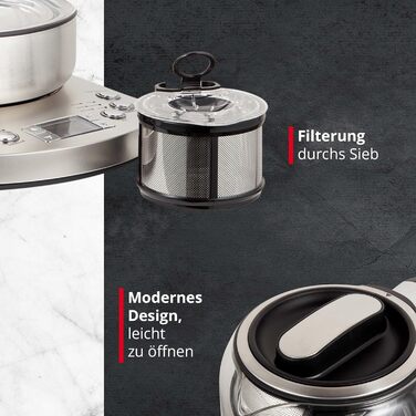 Електричний чайник з налаштуванням температури та автоматичним опусканням вставки ситечка, виготовлений зі скла з функцією збереження тепла, налаштуванням часу заварювання та світлодіодним світлом, адаптованим до сортів чаю, 170 TWE