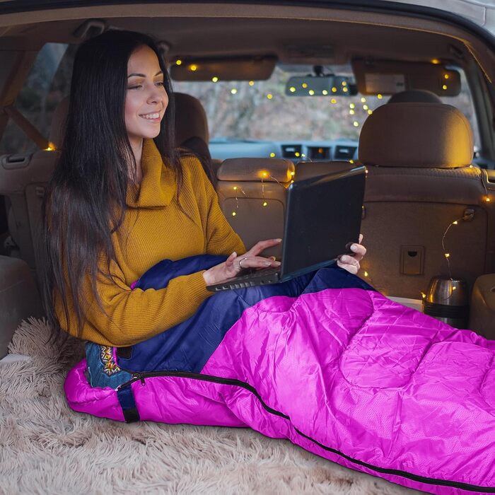 Легкий та компактний спальний мішок для дорослих та дітей, 3-4 сезони, легкий та компактний спальний мішок для походів, прямокутний кемпінговий спальний мішок з кишенею, рожево-червоний темно-синій