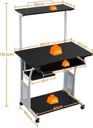 Стіл Yaheetech з полицею для принтера комп'ютерний стіл чорний Стіл для ПК на 4 коліщатках 80 x 50 x 132 см