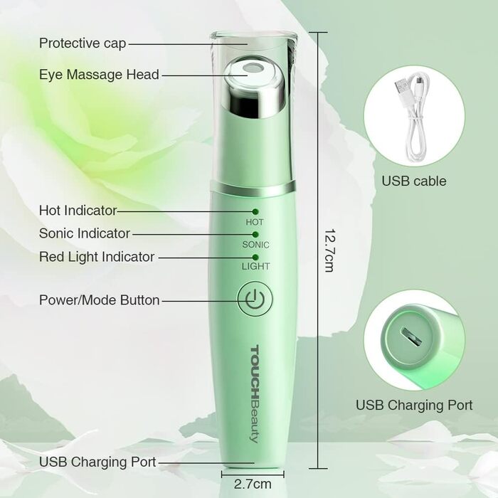 Масажер для очей TOUCHBeauty, ультразвуковий масажер для очей з функцією нагрівання 40 та червоним світлодіодним світловим терапевтичним пристроєм проти старіння проти зморшок, що перезаряджається AG-1980KG (зелений)