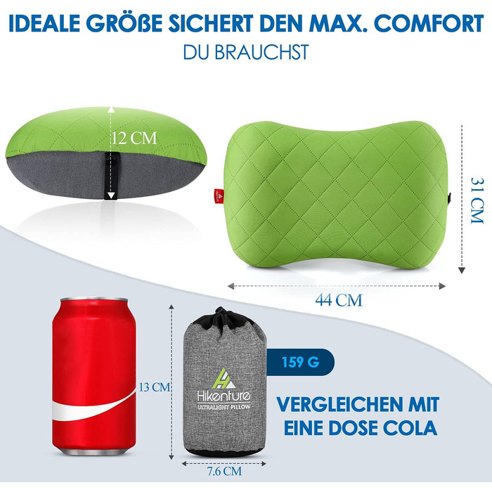 Надувна подушка для кемпінгу/подорожей HIKENTURE зі знімною наволочкою, ергономічна подушка для голови, зручна подушка для шиї для подорожей/використання на свіжому повітрі, надувна подушка для шиї для подорожей (зелена).