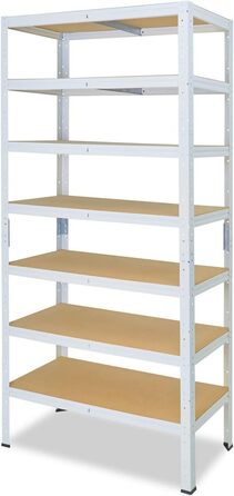 Надміцний стелаж для дому, білий/металевий стелаж з 7 полицями/стелаж для підвалу, стелаж для гаража, стелаж для майстерні або стелаж для зберігання/металевий стелаж без болтів, вантажопідйомність 125 кг, В 230 см / Ш 120 см / Г 40 см, 230x120x40