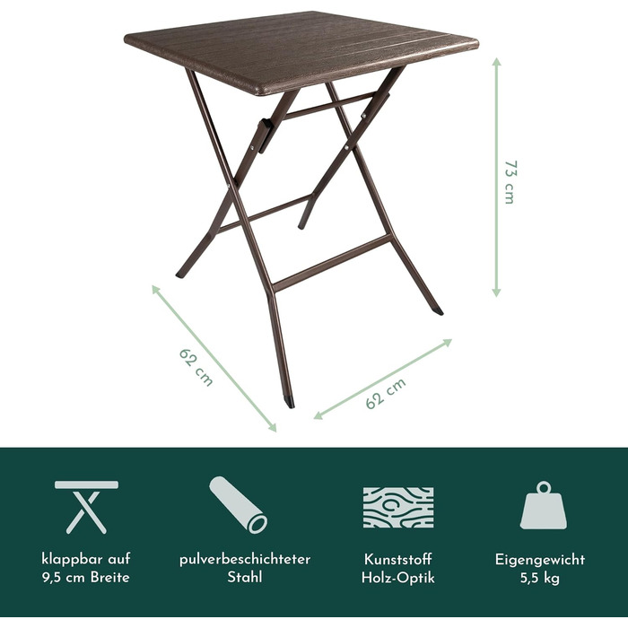 Розкладний стіл Lemodo з коричневою стільницею під дерево, балконний стіл 62 x 62 см (Д x Ш) Журнальний столик, вантажопідйомність до 40 кг, садовий стіл, міцний пластиковий стіл