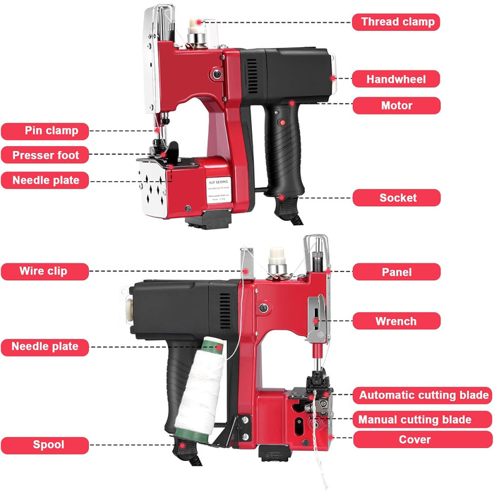 Портативна швейна машина Kotsy Sack 220V на 2 секунди/мішок, машина для зашивання мішків для сумок/тканини/рису/паперу/пластикових пакетів швейна машина червона