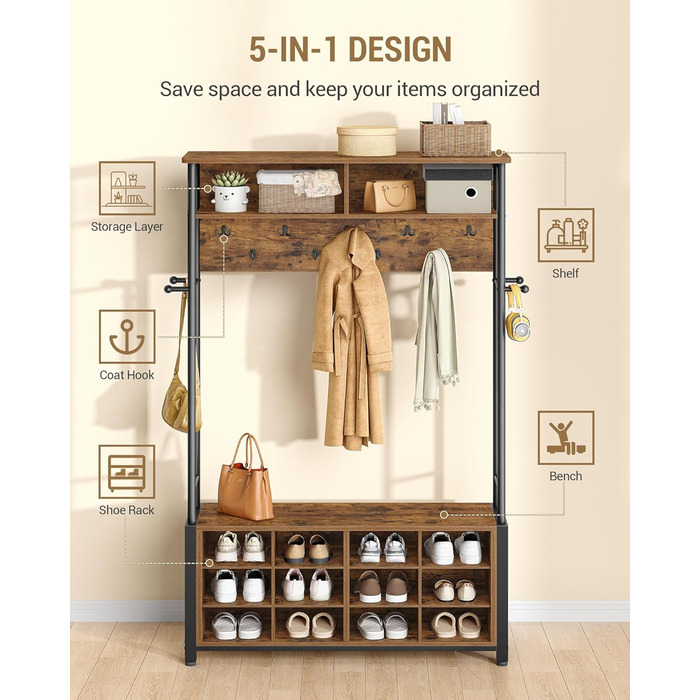 Вішалка для одягу Hzuaneri з лавкою для взуття, шафа з 13 гачками, 14 відкритими відділеннями, регульовані полиці, вішалка для одягу для коридору, вхідної зони, 31 x 108 x 187 см, вінтажний коричнево-чорний HT17901B
