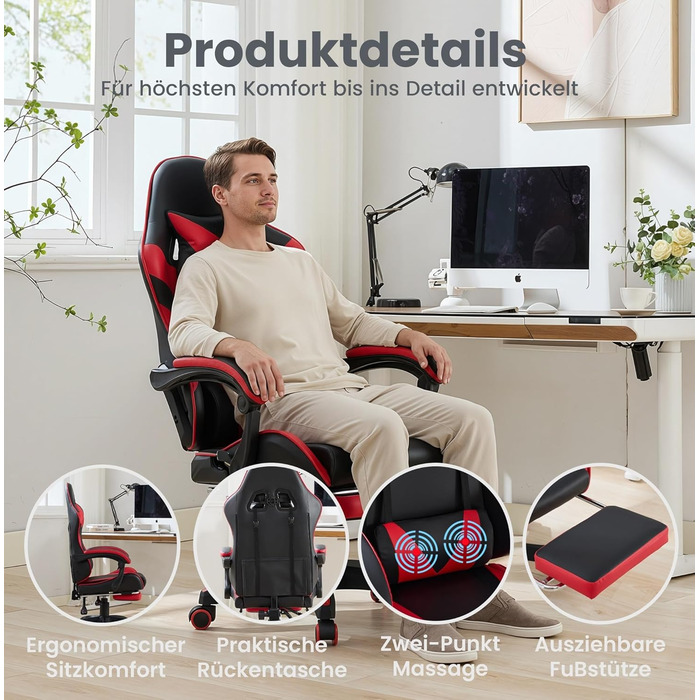 Ергономічне ігрове крісло з функцією масажу та підставкою для ніг вантажопідйомність 150 кг, ергономічне офісне крісло в гоночному дизайні, регульоване по висоті з опорою для голови та попереку для офісу та комп&39ютерних ігор, чорно-червоне.