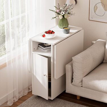 Мобільний розкладний стіл, розкладний обідній стіл на колесах, розкладний стіл з 1 великою шафою та 1 відкритим відділенням, мобільний обідній стіл для невеликих приміщень, їдальня, кухня, 120 x 70 x 78 см, білий, 120x70x78 см, білий