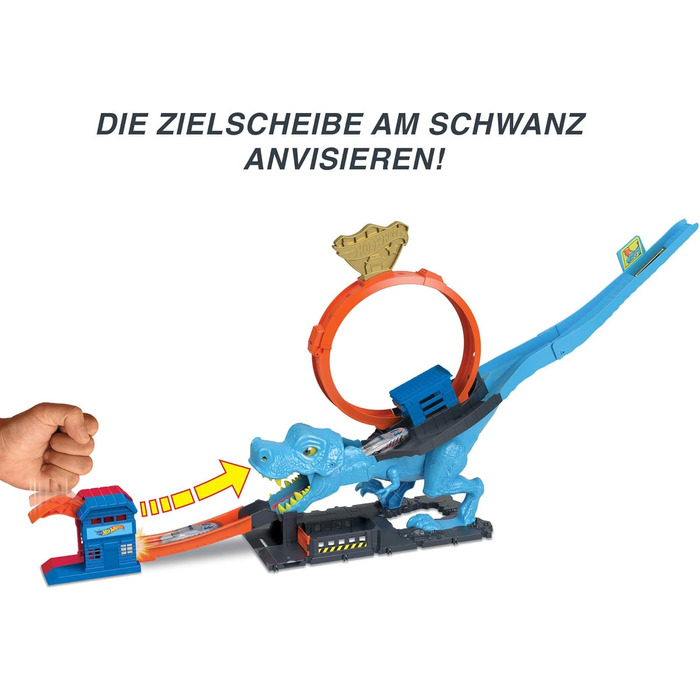 Гоночний трек Hot Wheels T-Rex атака, гра на спритність завдяки точному розрахунку часу та прицілюванню, з петляючою трасою, автом