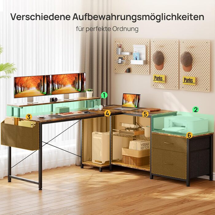 Г-подібний стіл на сім столів з полицями для зберігання, ігровий стіл зі світлодіодним освітленням та розетками, комп&39ютерний стіл з підставкою для монітора для домашнього офісу, спальні, вітальні, вінтажний коричневий