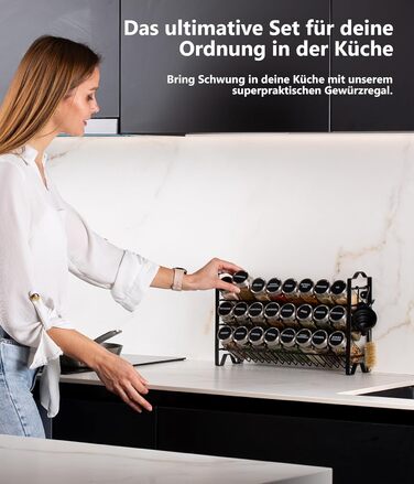 Підставка для спецій Deco haus, настінна та настінна З БАНКАМИ ДЛЯ СПЕЦІЙ ТА ЕТИКЕТКАМИ - Органайзер для спецій - Підставка для спецій - Підвісна система підставок для спецій - Зберігання спецій - Банки для спецій з полицею, чорний колір - Набір з 24 шт.