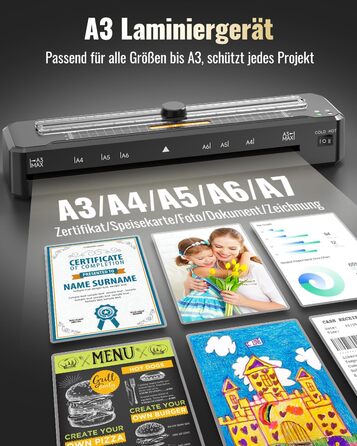Ламінатор для паперу формату A3, A4, A5, A6 та A7 з різаком для паперу Закруглені кути Ламінувальні пакети на 15 аркушів, захист від застрягання з ABS-пластику Робота в гарячому та холодному режимі Розумний захист Ламінатори для дому, школи та офісу Чорни
