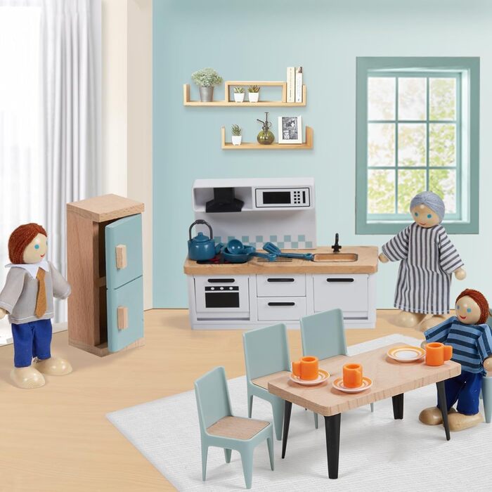 Набір меблів для лялькового будиночка "Гігантська квасоля", дерев&39яний, 36 предметів з 4 сімейними ляльками, аксесуари для ляльок, іграшка для хлопчиків, дівчаток та малюків від 3 років