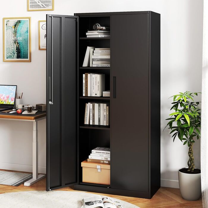 Шафа для документів COSTWAY із замком, металева шафа 180 см з подвійними дверима та 4 регульованими полицями, сталева офісна шафа, багатоцільова шафа/майстерня для офісу, вітальні, гаража, чорна 80 x 40 x 180 см