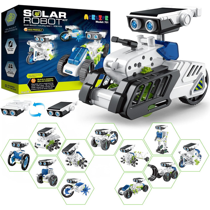 Сонячна іграшка-робот для дітей, набір сонячних роботів 12-в-1 Сонячна або акумуляторна батарея DIY STEM Construction Toy Experime