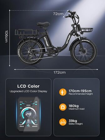 Електровелосипед HITWAY BK6S Plus з акумулятором 48 В 25 Аг та запасом ходу 90-200 км, міський електровелосипед з 20-дюймовими товстими шинами та подвійним кошиком для багажу, двигуном 250 Вт, 25 км/год, 7 швидкостей, чорний