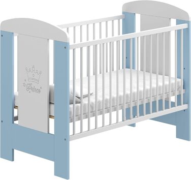 Дитяче ліжко LCP Kids 60x120 см біло-блакитне з матрацом, що регулюється по висоті в трьох напрямках, і 3 перекладинами 125L x 65W