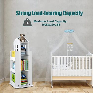 Рівнева обертова книжкова полиця для дітей, полиця, обертова полиця, біла, обертова книжкова полиця, підлогова полиця, дитяча книжкова полиця для спальні, вітальні, кабінету, 40x40x95 см, 3-