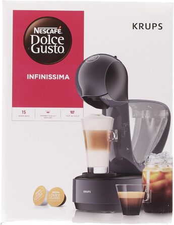 Кавова капсульна машина Krups KP173B Nescaf Dolce Gusto InfinissimaГарячі та холодні напоїТиск насоса 15 барРучне дозування водиРезервуар для води 1,2 лАвтоматичне вимкнення1500 Вт 30,5x18x40 см, космічний сірий космічний сингл