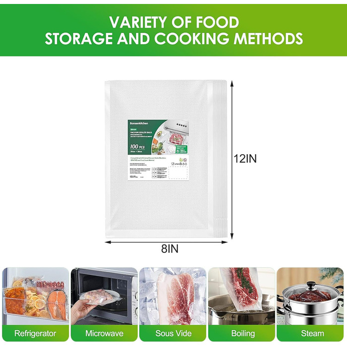 Тринтіонні вакуумні пакети, 200 пакетів 20x30 см вакуумні пакети для всіх вакуумних упаковок і вакуумного пакувальника харчових продуктів, екстрагований дизайн упаковки, киплячі пакети для заморожування Sous Vide, тиснені повітряні канавки