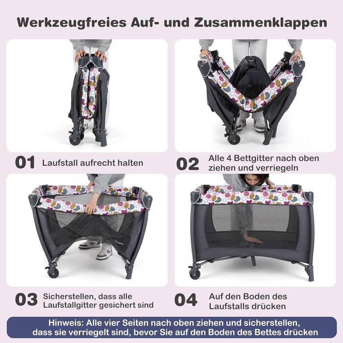 Дитяче ліжечко COSTWAY 5-в-1, дорожнє ліжечко з матрацом, дитяче дорожнє ліжечко, включаючи пеленальний килимок, дитячу колиску та музичний мобіль, колиску з колесами, дитяче ліжечко для немовлят до 36 місяців (рожева крапка) 106Д x 74Ш x 74В см рожевого 