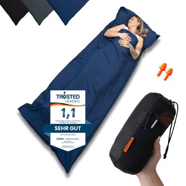 Бавовняний підклад для спального мішка - Ультралегкий та ультратонкий підклад для спального мішка без підкладки - Дорожній спальний мішок невеликого розміру, підкладка з кишенею для подушки - Компактний та маленький, темно-синій