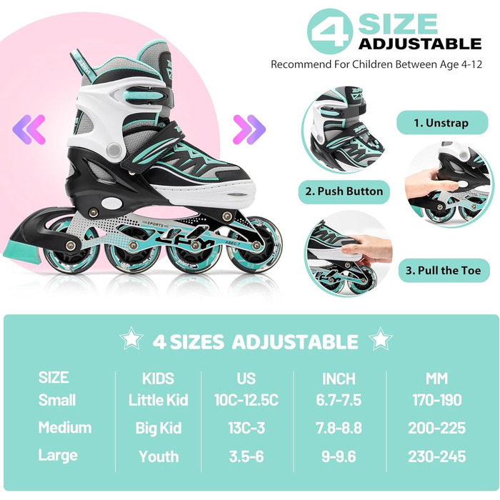 Роликові ковзани Cytia рожевого/фіолетового кольору для дітей з підсвічуванням світлодіодних колес, веселі миготливі роликові ковзани для початківців для дівчаток з регульованими ремінцями для жінок та чоловіків, A-зелений S - Маленькі діти (EU 28-31), 2P