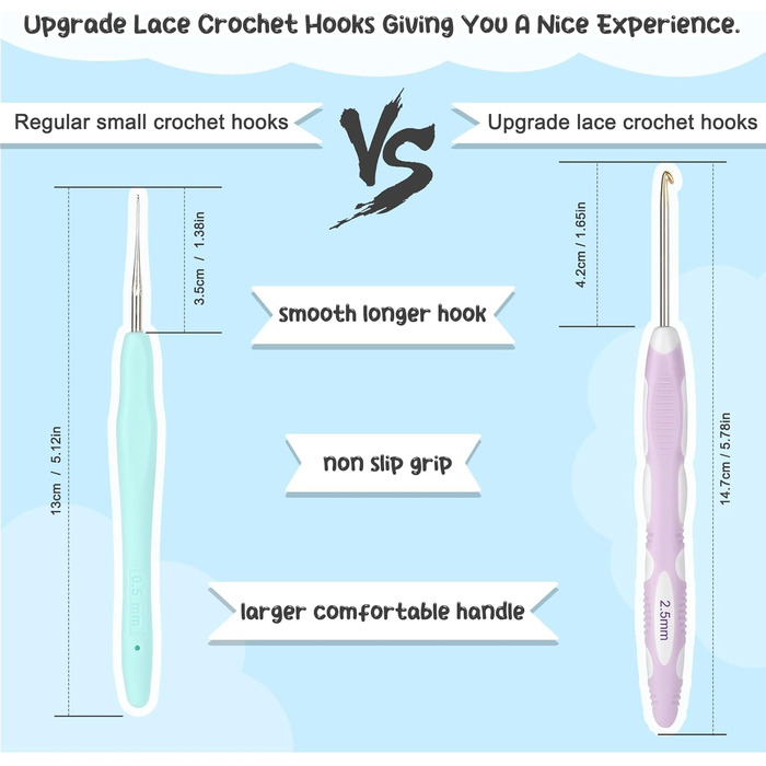 Легкий мереживний гачок Katech 0,8-2,75 мм, гачок для вязання з ергономічною ручкою, гачки для вязання для початківців, тонка дуже філігранна робота та мереживо, шкарпетки, дитячий одяг