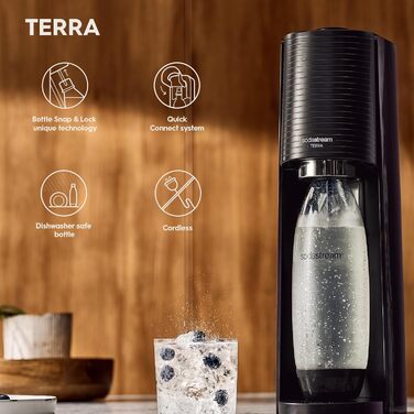 Нагрівач газованої води SodaStream Terra, з 1-літровою багаторазовою пляшкою для води без BPA для карбонізації та газовим балоном Quick Connect CO2 об'ємом 60 літрів - чорний