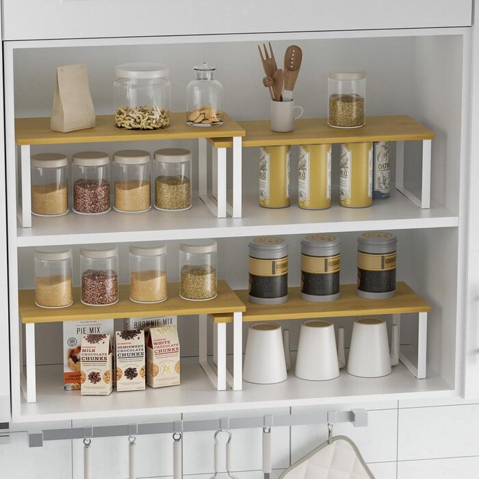 Бамбукова підставка для спецій CADUKE, 4-елементний органайзер для шафи, кухонний органайзер з металевим каркасом, кухонна полиця для шафи, стільниці, шафи, білий