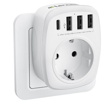 Розетка з декількома вилками EU адаптер 5-в-1 розетка розетка адаптер з 3 портами USB зарядного пристрою 2.4А, 1 портом Type-C 3А,