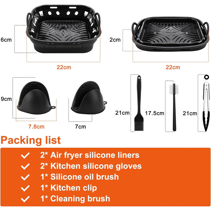 Силіконова форма Foenwoen для фритюрниці, силіконова фритюрниця 22 см силіконова каструля для фритюрниці з рукавицями для духовки, кухонними щипцями, силіконовою щіткою, легке очищення, аксесуари для фритюрниці (чорний)