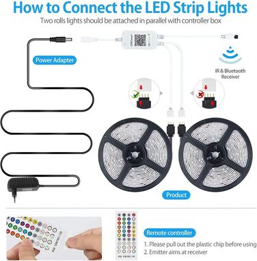 Світлодіодні стрічки Banral 5M, світлодіодна стрічка 5050 RGB Світлодіодні струнні ліхтарі зі зміною кольору Синхронізація з музикою Регульована яскравість Таймінг за допомогою APP Контролер Bluetooth Пульт дистанційного керування Блок живлення для дому, 