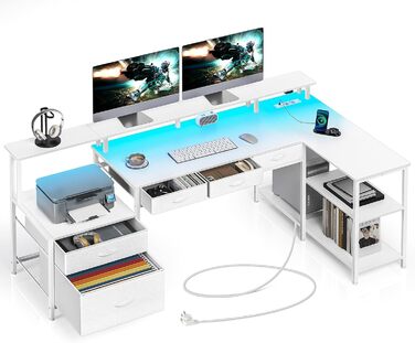 Г-подібний стіл Rolanstar з шухлядами, двосторонній ігровий стіл з розеткою, світлодіодним освітленням та підставкою для монітора, комп&39ютерний стіл 163 см для офісу, кабінету, спальні, білий