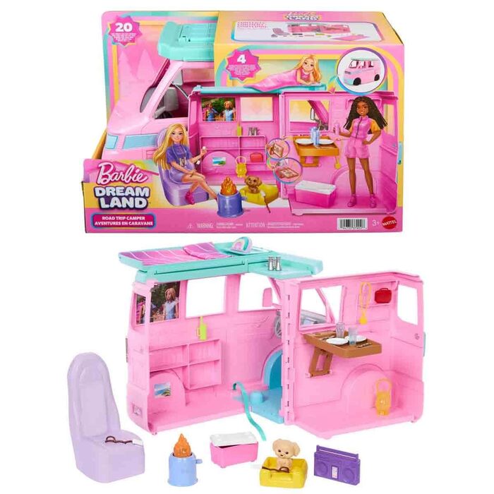 Ігровий набір Barbie Dreamland Road Adventure кемпер з 4 ігровими зонами, кухнею, ліжком, багаттям, собакою та 20 аксесуарами, JMK45