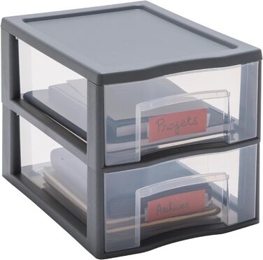 Пластикова коробка з шухлядами, сіра, 2 прозорі шухляди для паперу А4, висота 25,5 см, штабелюються, ідеально підходить для столу, класу, документів, аксесуарів А4 / 2 шухляди