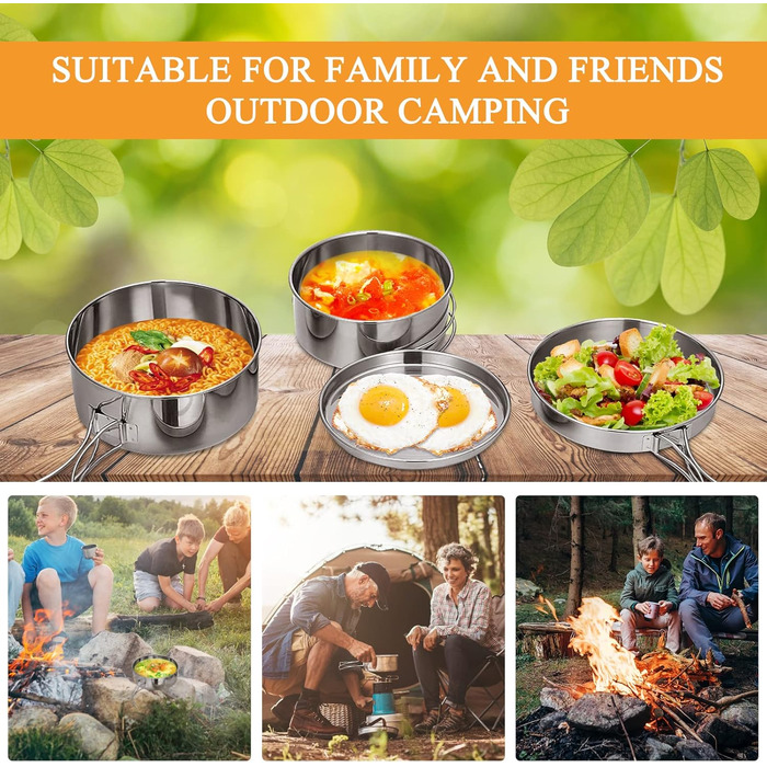 Набір посуду для кемпінгу, відкритий, 2-3 особи, горщик з нержавіючої сталі з посудом, каструля, складна кемпінгова посудина, тарілка для пікніка, походів, кемпінгу, походів, срібного кольору