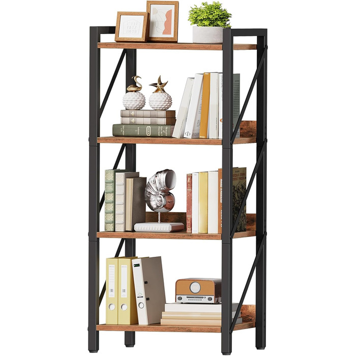 Книжкова полиця HOOBRO, стояча полиця, полиця-драбина, окремостояча вузька полиця, офісна полиця з 4 ярусами, відкриті полиці, для вітальні, спальні, офісу, кухні, рустикальний коричневий та чорний EBF40SJ01 42 x 28 x 102 см рустикальний коричневий чорний