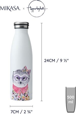 Пляшка для води Mikasa Tipperleyhill, нержавіюча сталь, ізольована, для використання в дорозі, двостінна пляшка для пиття, зберігає напої гарячими протягом 12 годин і холодними протягом 18 годин, кумедна ілюстрація свині, лише ручне миття, 500 мл