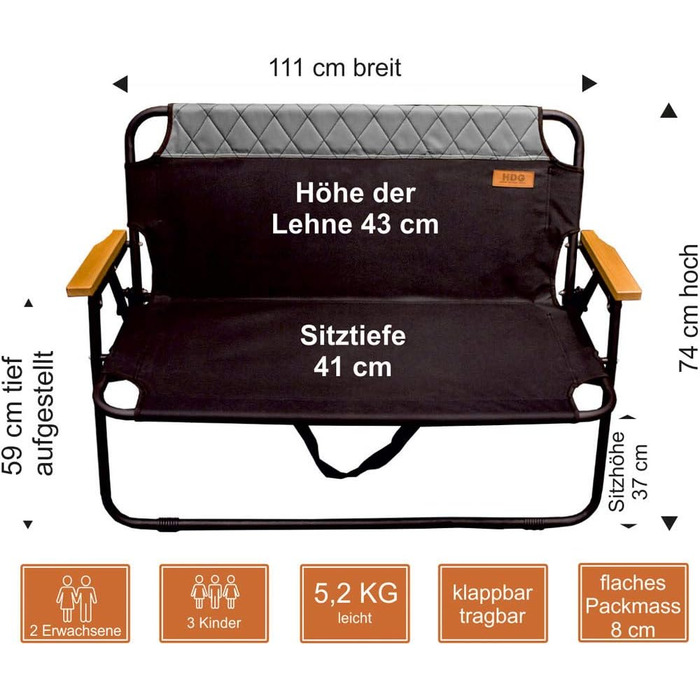 Розкладна лавка кемпінгова лавка James портативна складна з навантаженням до 150 кг 2-місний кемпінговий диван міцне розкладне крісло для кемпінгу на 2 особи