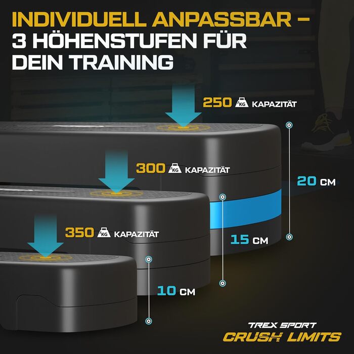 Степер TREX SPORT з регулюванням висоти для домашнього використання TX-030AS Аеробний степер 682810/15/20 см з 3 рівнями, нековзний, витримує до 350 кг Синій степер