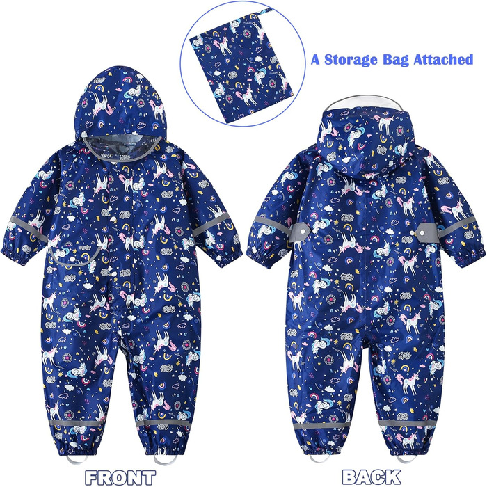 Дощовик Fewlby для дівчаток, водонепроникна куртка, цільний плащ з капюшоном, багаторазові штани для бруду, синій єдиноріг, вік 2-5 років